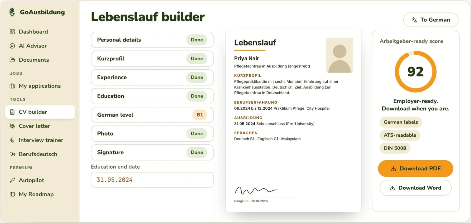 GoAusbildung German CV builder with its score