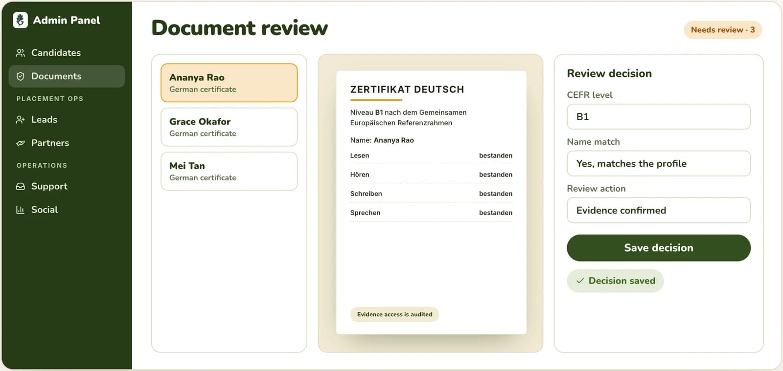 GoAusbildung list of student certificates for the team to check