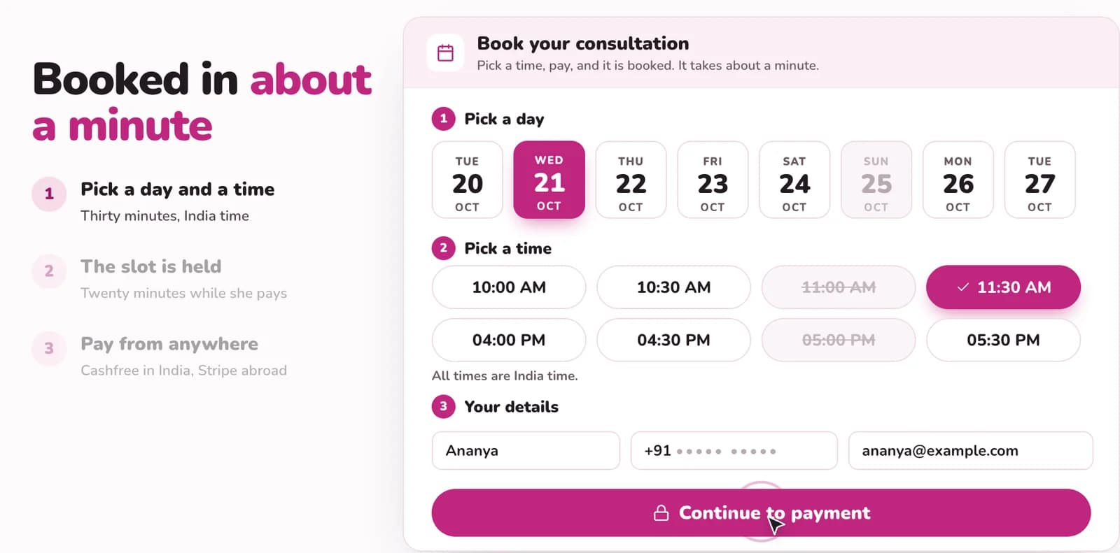 OvaMedica booking screen with a day and a 30-minute time