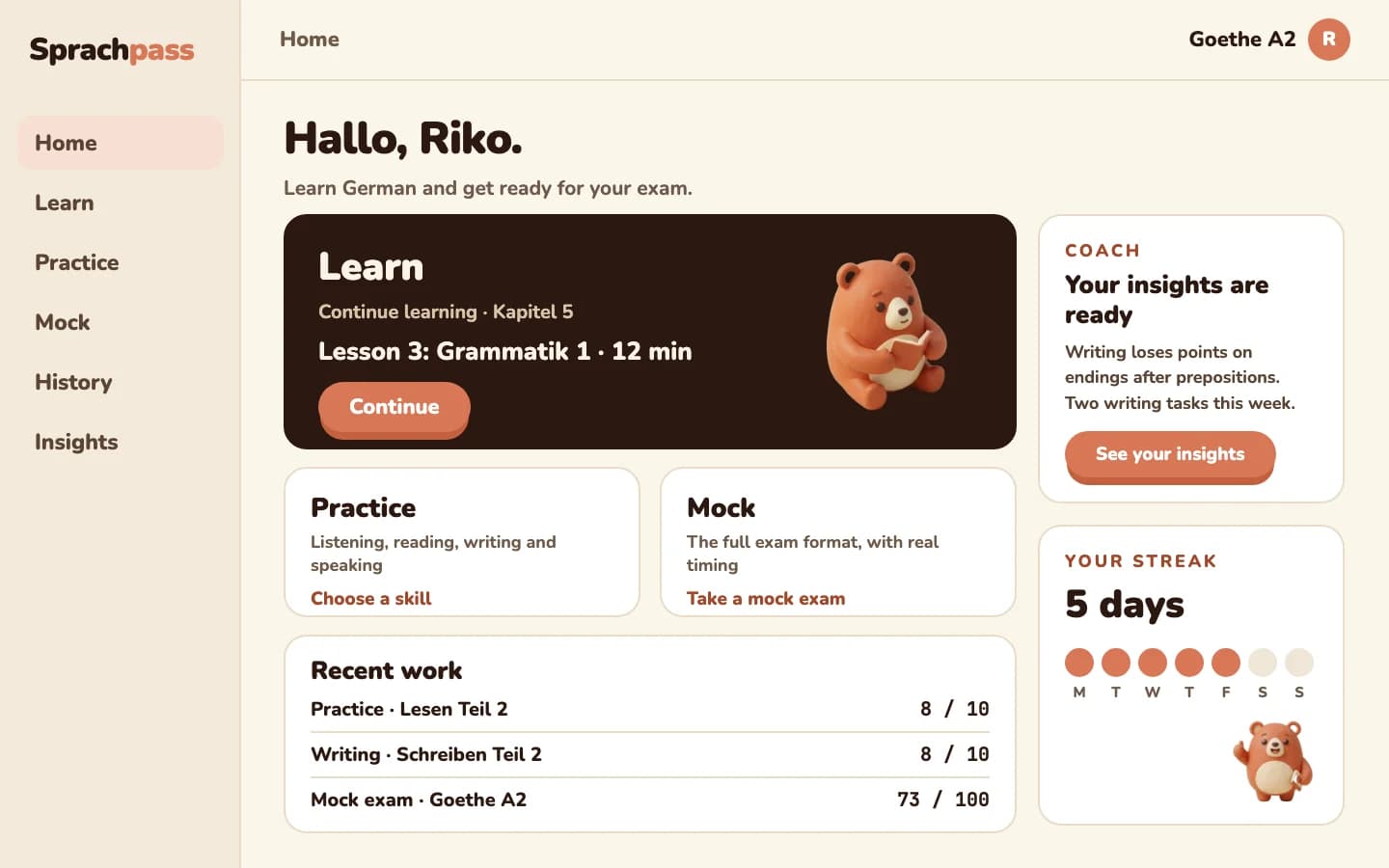 Sprachpass learner dashboard with practice and mock exam entry points