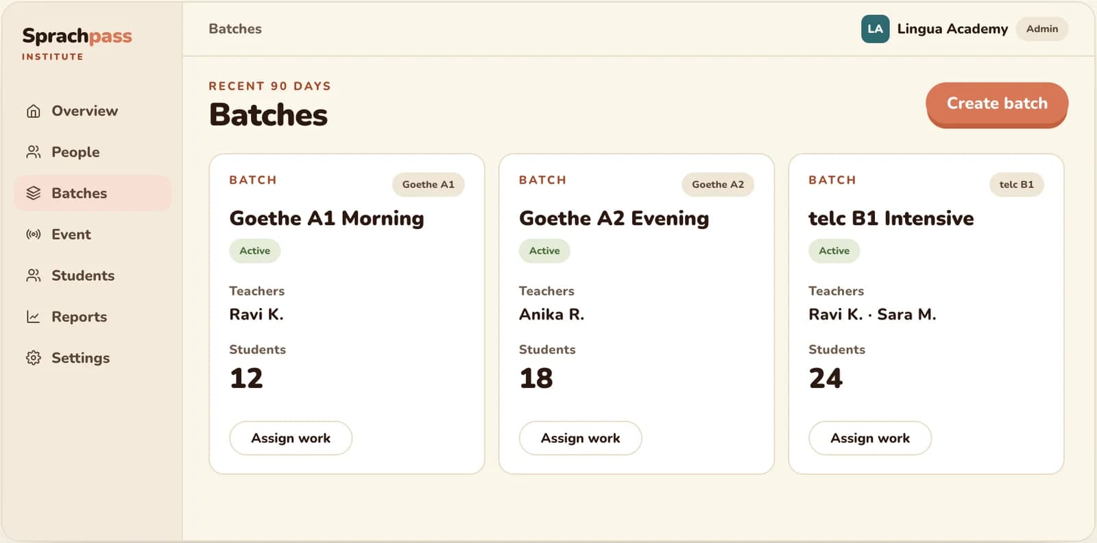 Sprachpass school portal with batches and teachers