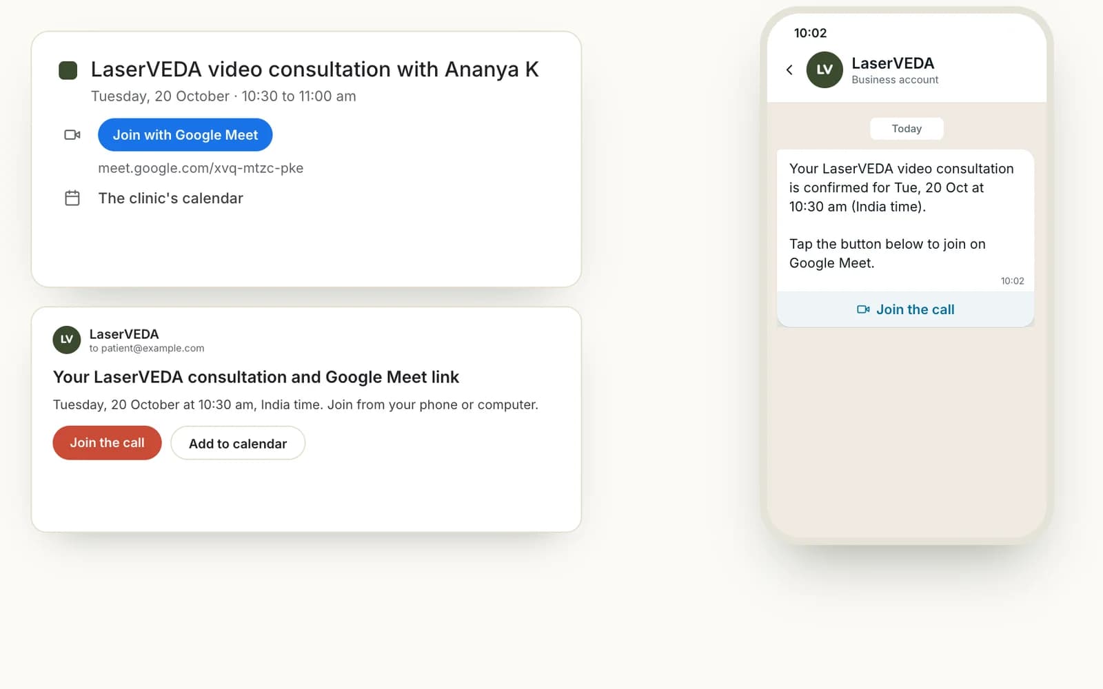 The Meet link by email and WhatsApp